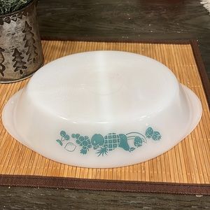 Glasbake USA Vintage Glasbake Divided Casserole with Green Pattern.